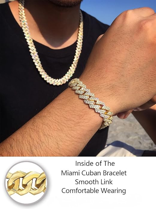 12mm Iced CZ Out Cuban Link Bracelet Chain White Gold Stainless Steel for Men