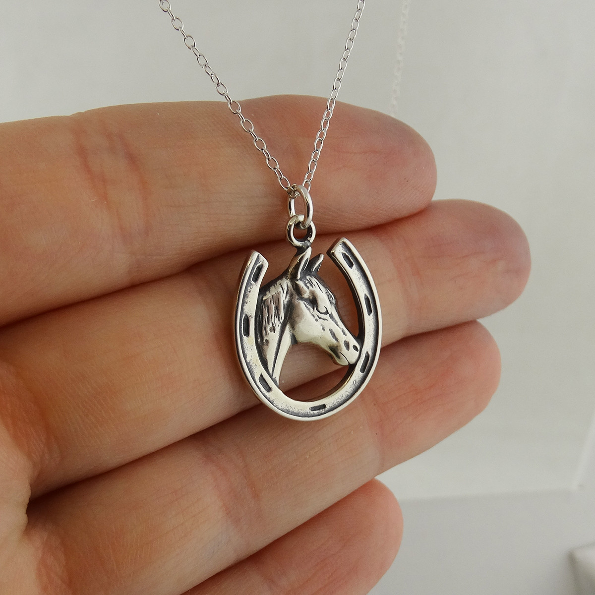 Horse in Horseshoe Charm Necklace – 925 Sterling Silver – Equestrian Good Luck