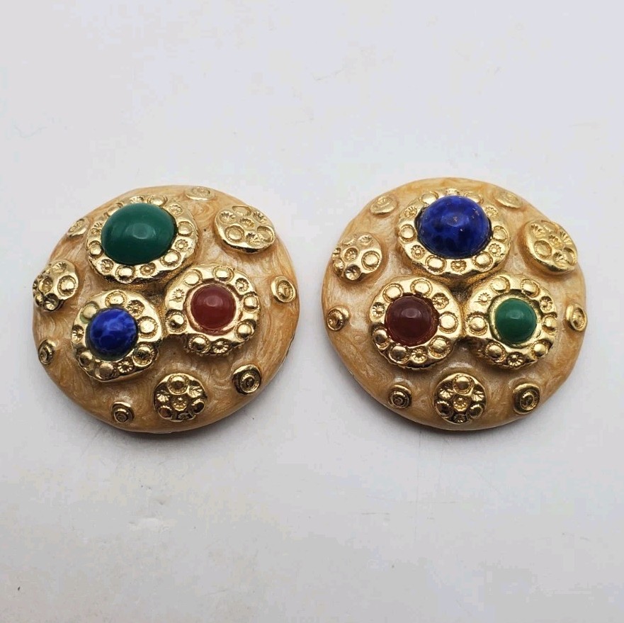 Vtg Mogul Earrings Colorful Cabs Enamel Red Blue Green Gold Tone 1.5″ Signed RLF