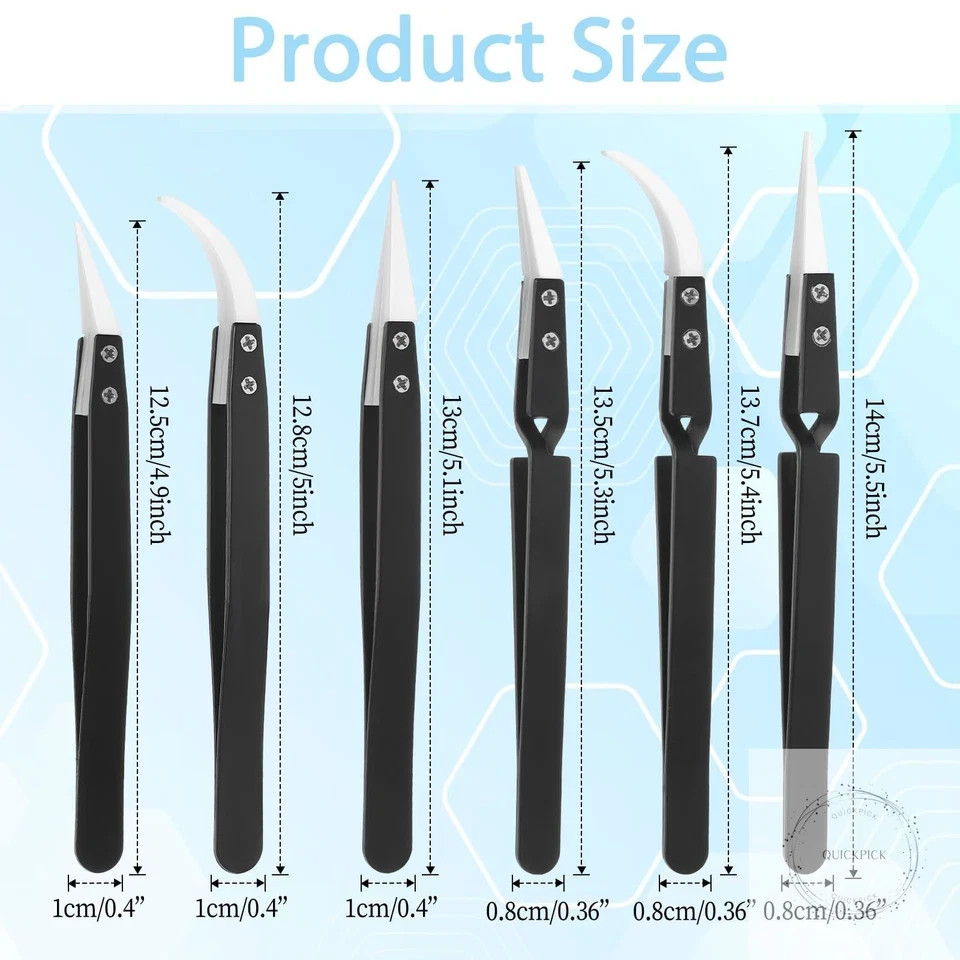 6 Pcs Precision Reverse Ceramic Tweezers Black Non-Conductive Solder Tweezer