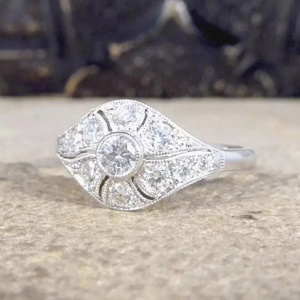 Art Deco Style Round Cut VVS1 Lab Created Diamond 925 Silver Engagement Ring