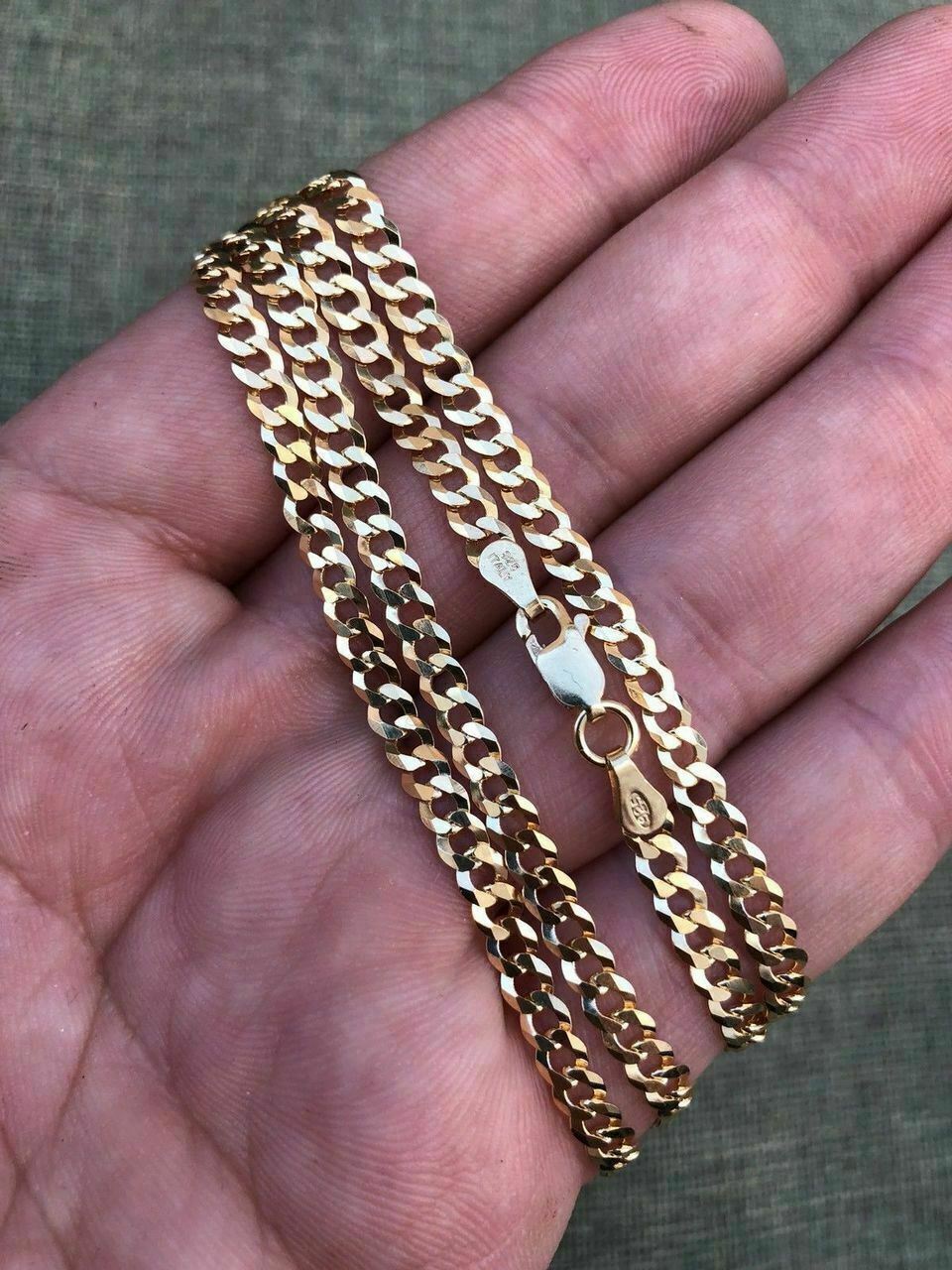 Flat Miami Cuban Link Chain 14K Gold Plated Solid 925 Sterling Silver 4mm ITALY