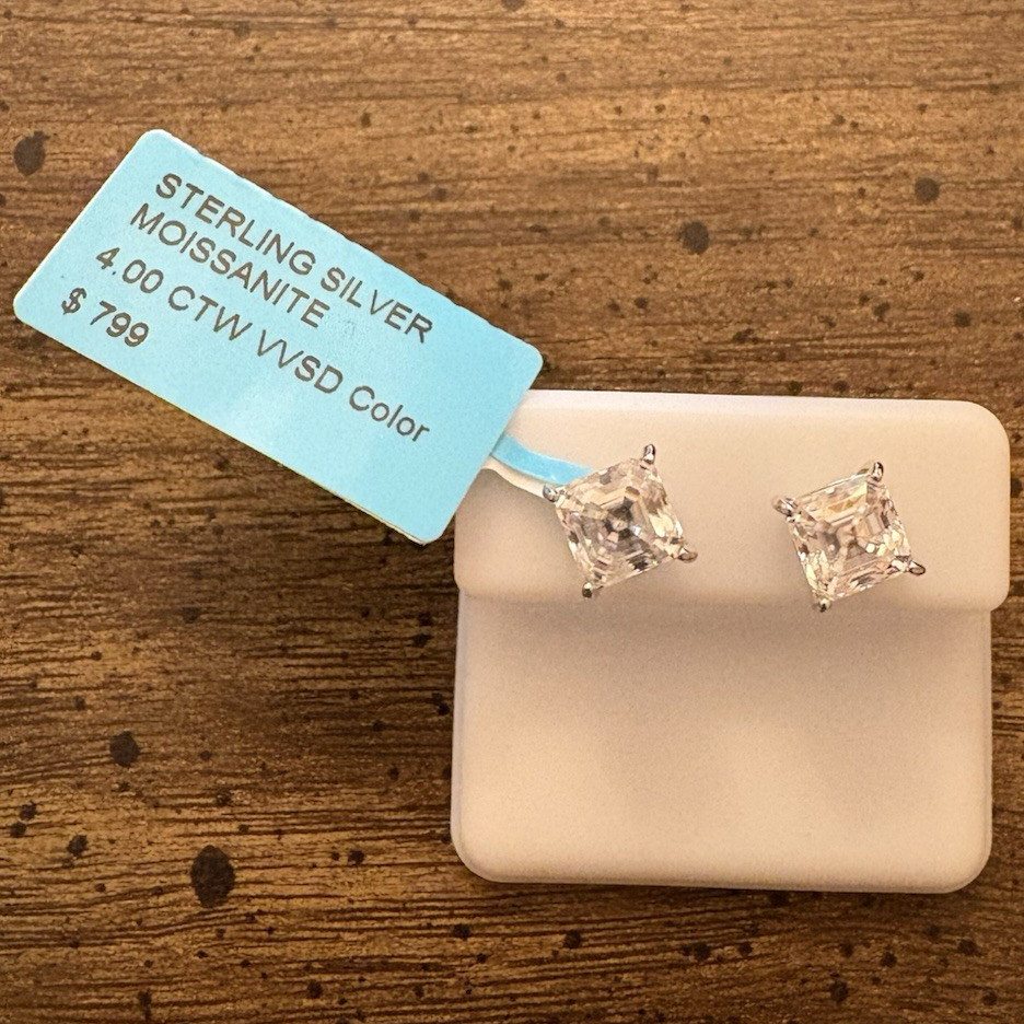 925 Sterling Silver Square White Moissanite Stud Earrings Prong 4.00 CTW