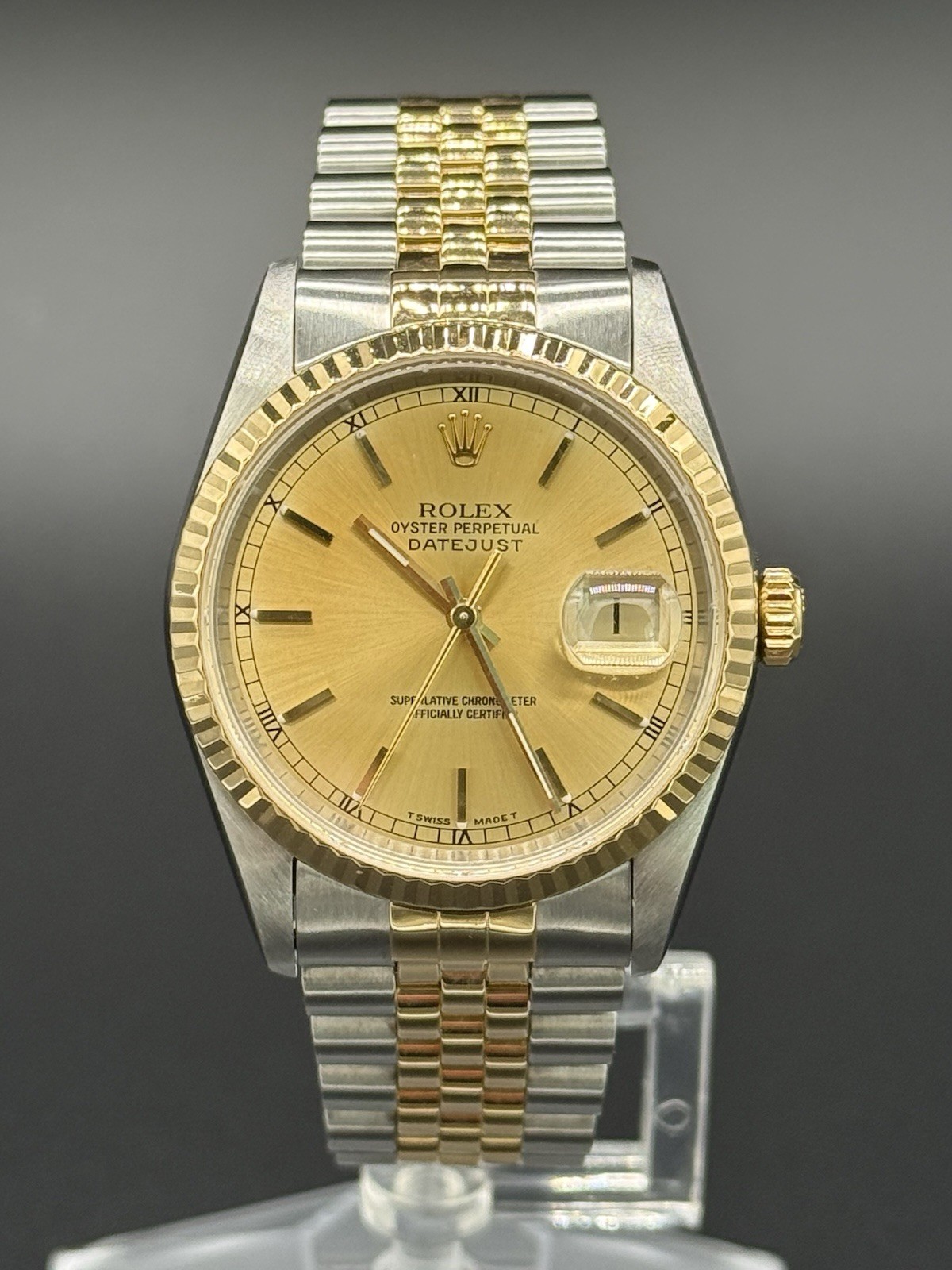 Rolex Datejust 16233 Two-Tone 36mm Champagne Stick Dial Jubilee Watch No Holes