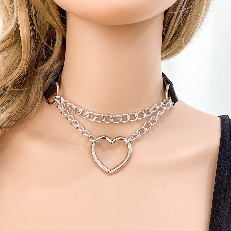 PU Leather Choker Necklace Adjustable Heart Chain Neck Collar Gothic Punk Gift