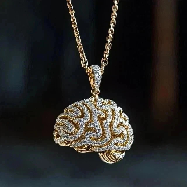 14K Yellow Gold Plated 2Ct Round Cut Simulated Diamond Brain Charm Men Pendant