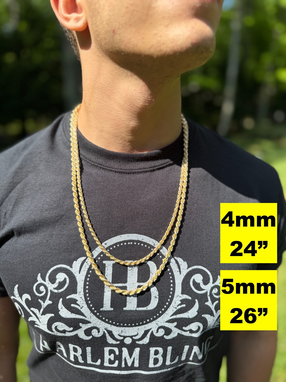Cadena Rope de Plata 925 con Baño de Oro 14k para Hombre y Mujer 1.5-5mm