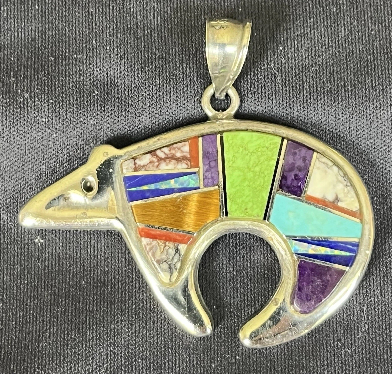Calvin Begay Signed 925 Sterling Silver Multi Stone Inlay Bear Charm Pendant