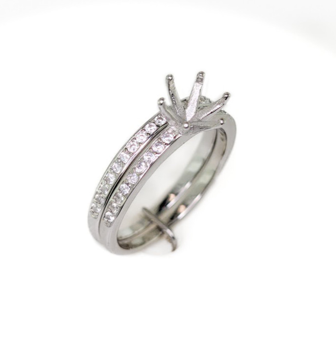6 mm Round CZ Accent Six Prong Solitaire Ring Setting Sterling Silver Bridal Set