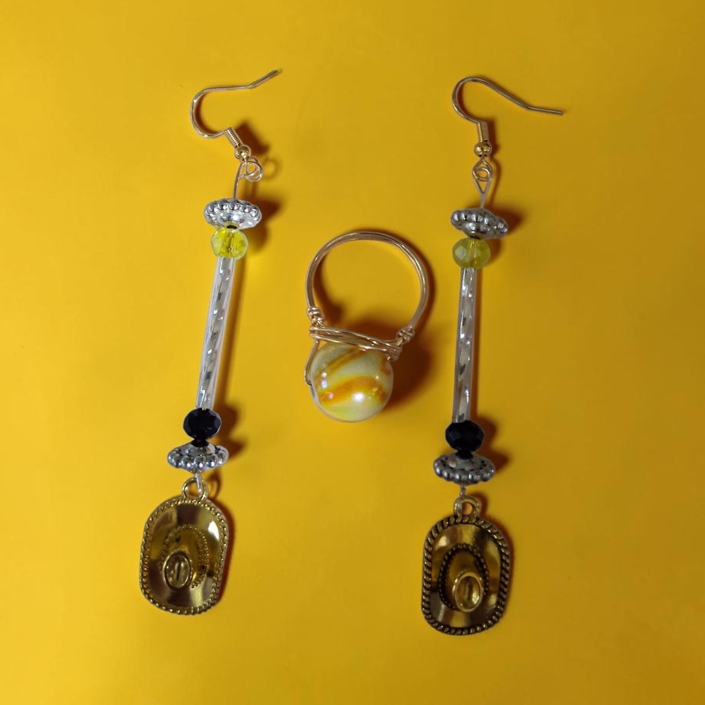 Gold Beaded Dangle Drop Hook Earrings for Lobe Piercing With Cowgirl Hat Charm