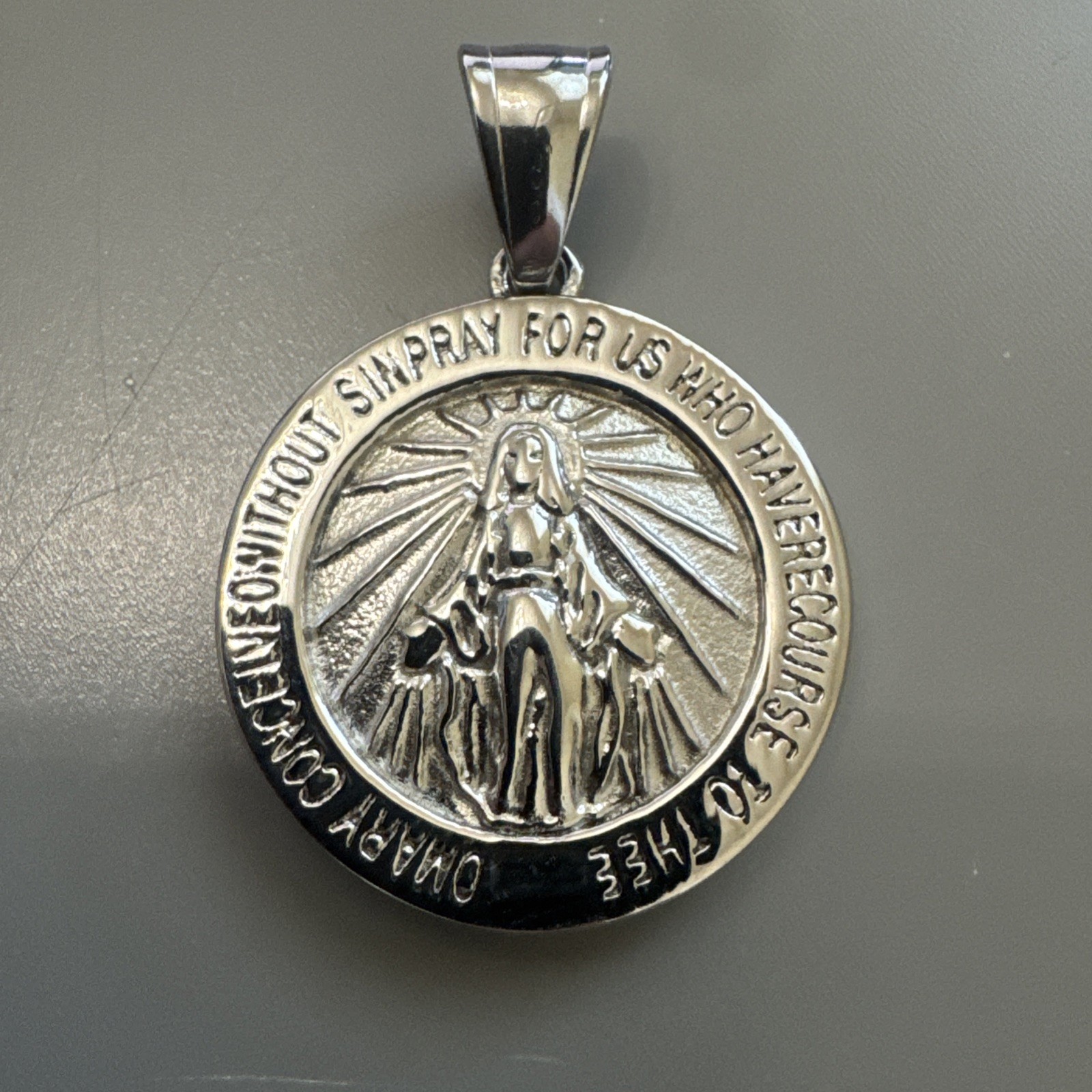 Virgin Mary Pendant Silver Tone 24” Necklace Stainless Steel Faith Jesus Unisex