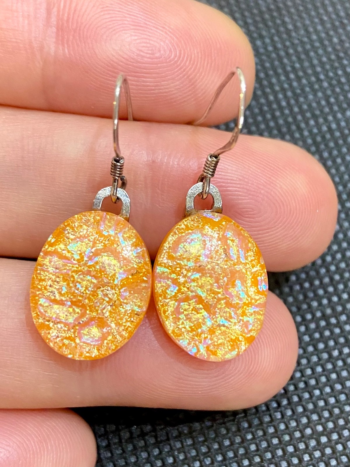 Orange Fused Dichroic Art Glass Dangle Earrings – Sterling Silver Ear Wires