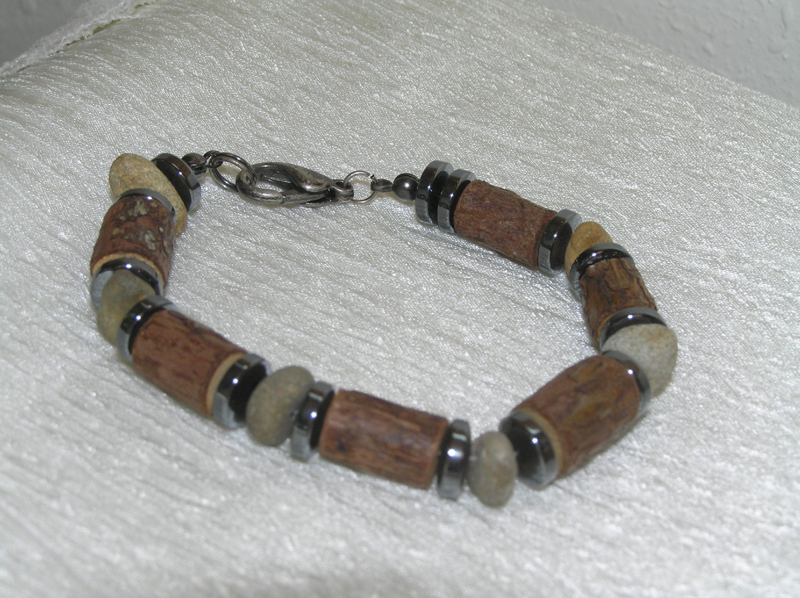 Estate Shades of Brown Wood Barrel Bead & Stone Nugget with Hematite Spacer Disk