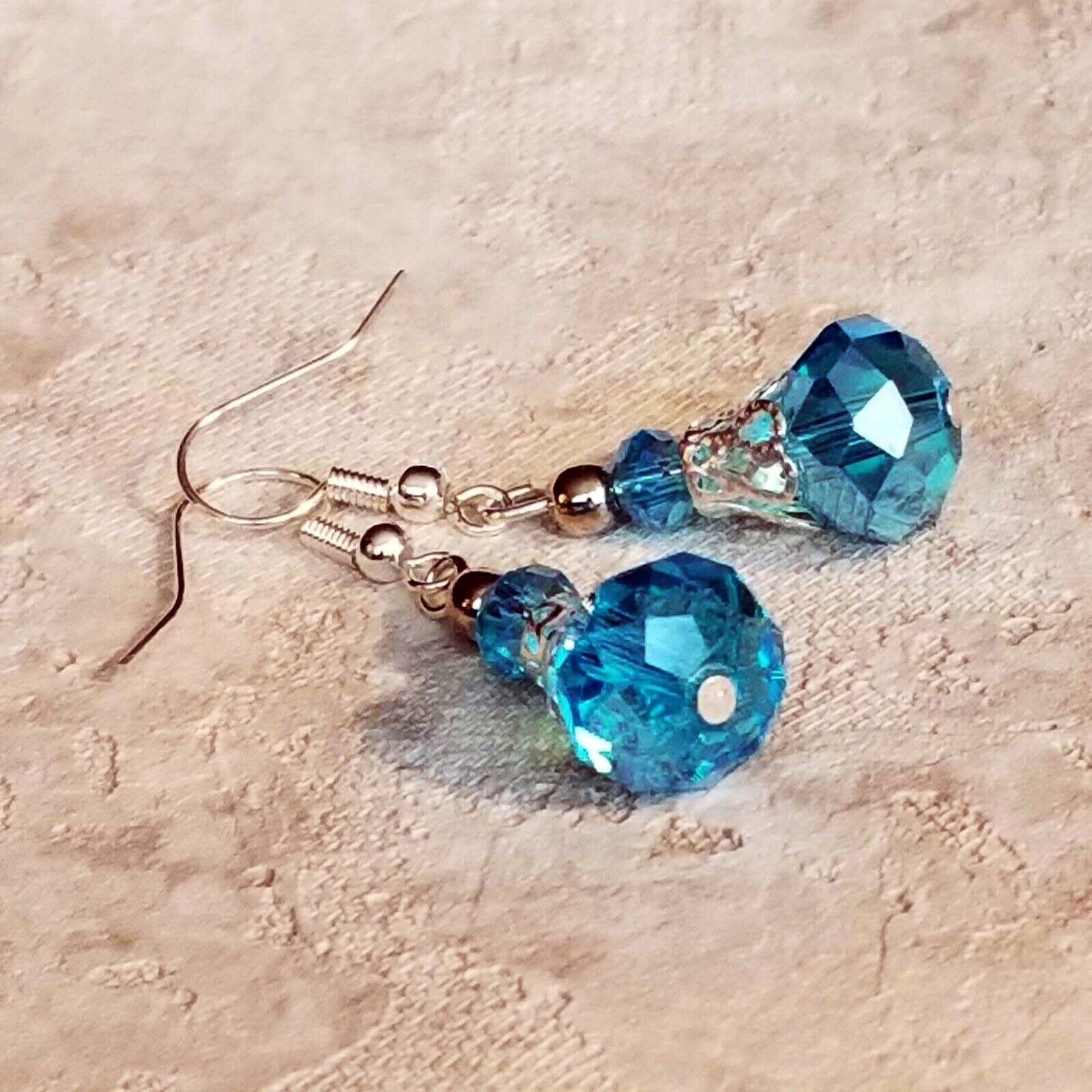 Victorian Aqua Blue Crystal Silver Filigree Basket Handcrafted Earrings