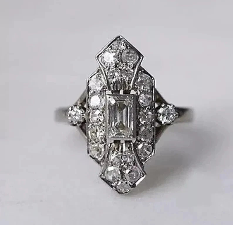 Art Deco Vintage Style Lab Created Diamond Engagement 14K White Gold Finish Ring