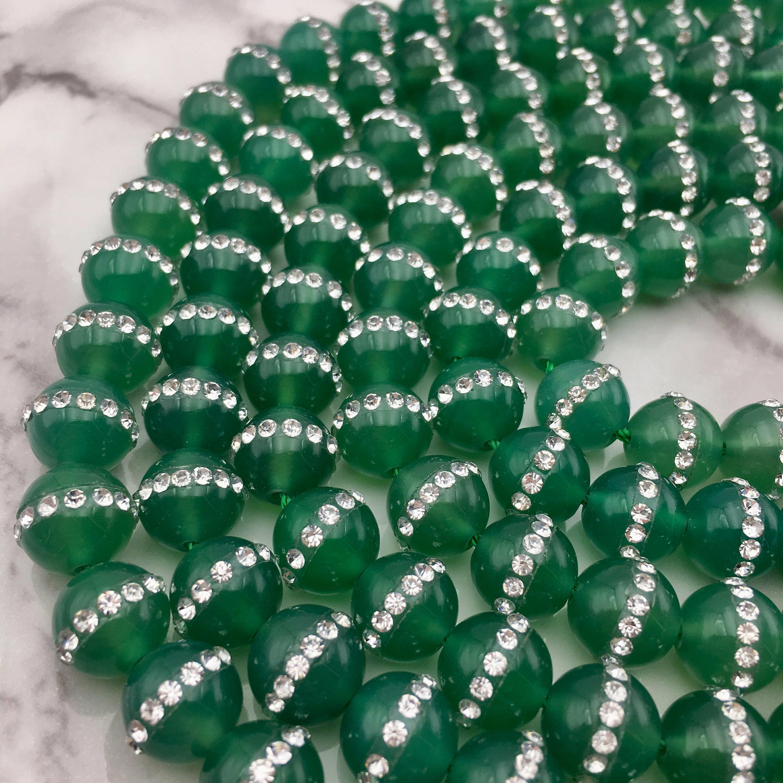Green Agate /w Rhinestone Round Beads 6mm 8mm 10mm 15.5″ Strand