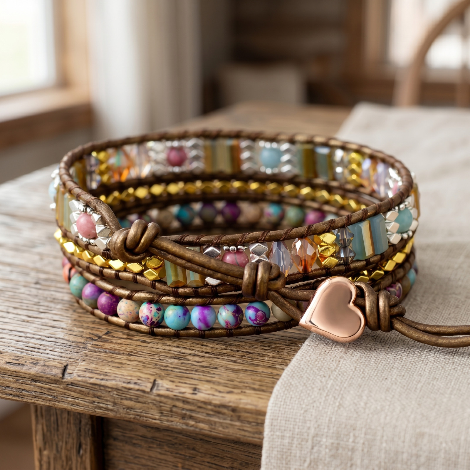 Natural Sea Sediment Jasper Leather Wrap Bracelet Handmade Beaded Cord Women’s