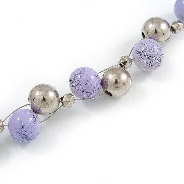 13mm Beaded Wired Necklace in Silver Tone/ Lavender Ceramic/ 50mm L/ 4cm Ext