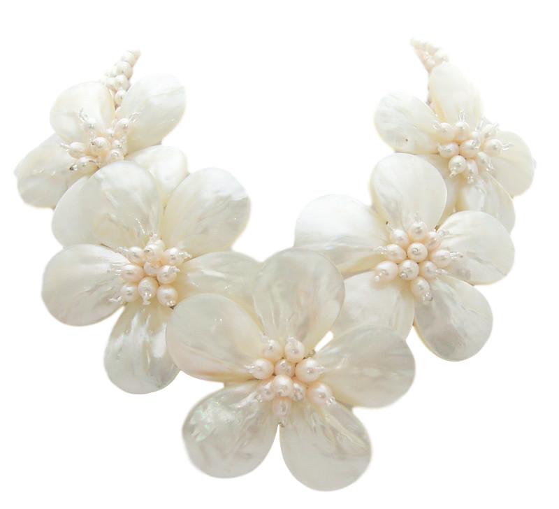 18″ 3 Strands White Pearl Shell Flower Statement Necklace
