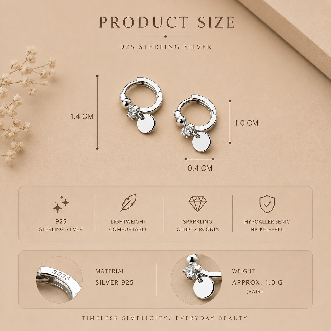 925 Sterling Silver Hoop Earrings CZ Disc Dangle Huggie for Women 1.4cm