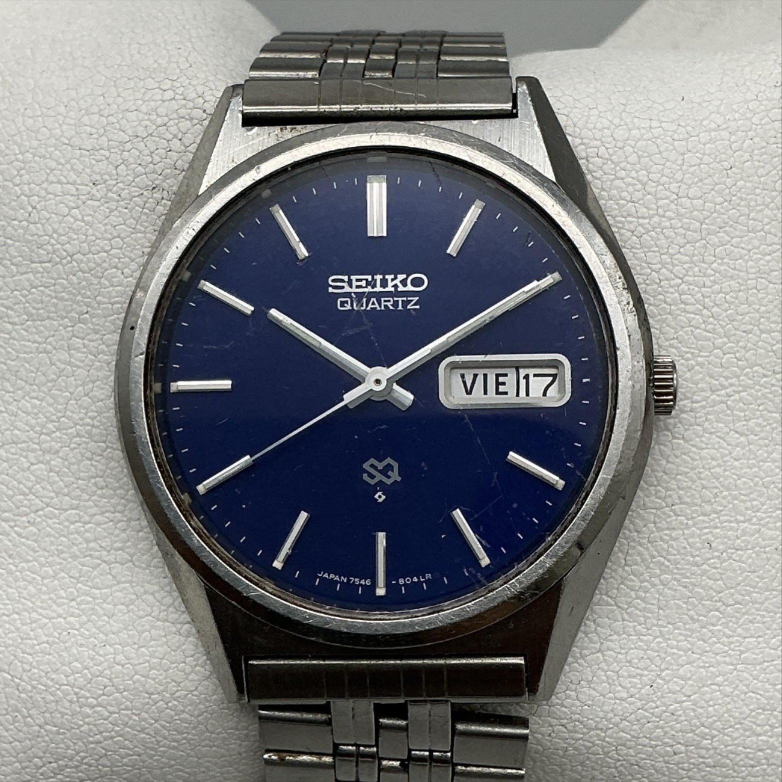 Vintage Seiko Mens Watch 35mm Blue Dial Stainless 7546-8039 Day Date Not Running