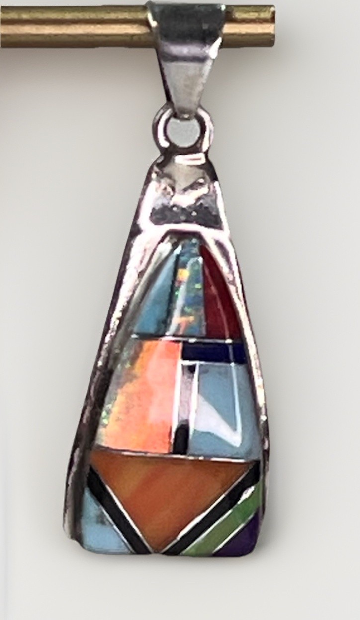 Turquoise Multi Stone Inlay Sterling Silver Pendant NAVAJO Trevor Jack Signed