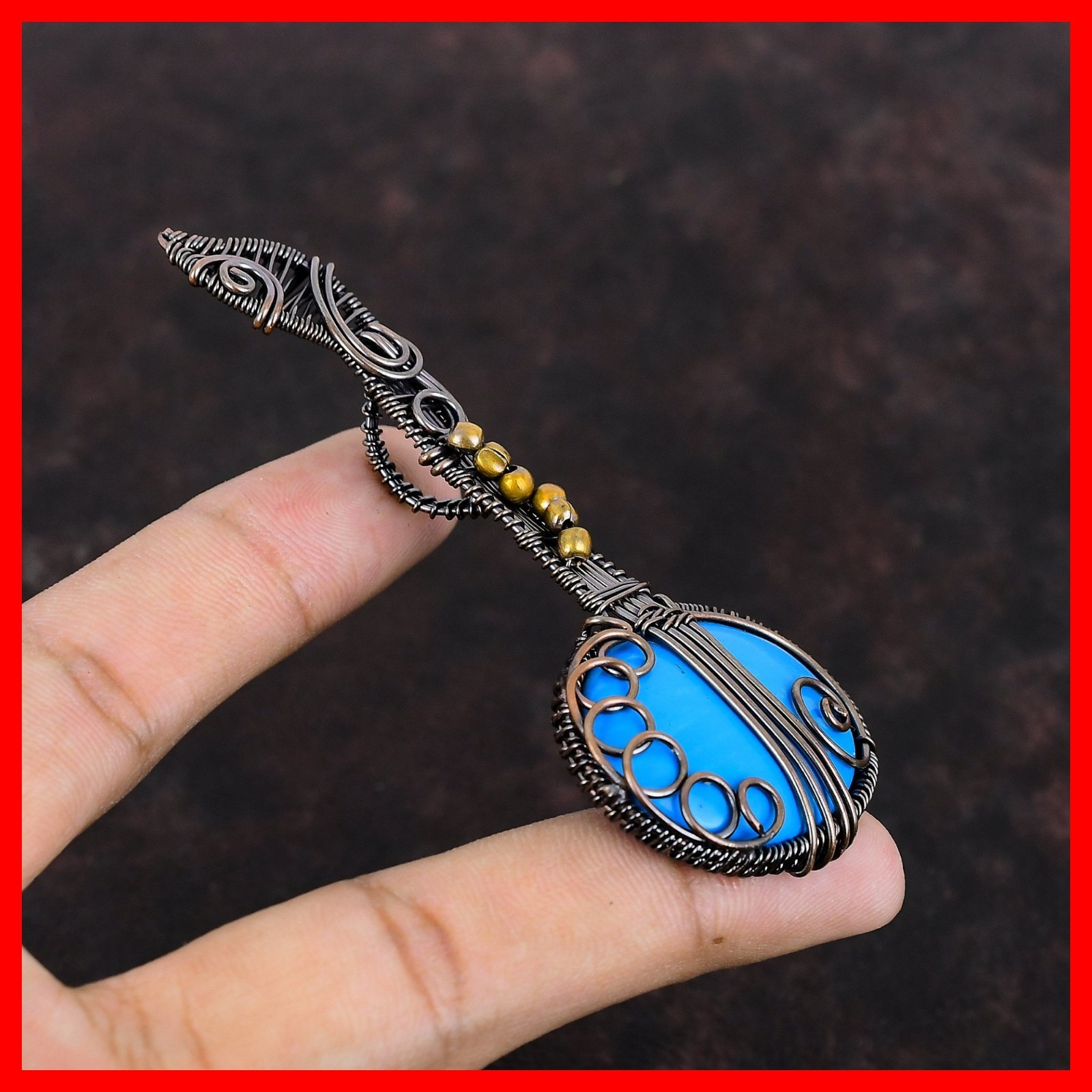 Copper Sleeping Beauty Turquoise Gemstone Art Deco Wire Wrapped Guitar Pendant