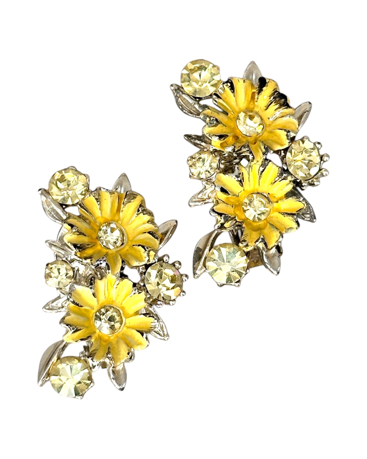 Vintage Yellow Daisy Enamel & Rhinestone Clip-On Earrings