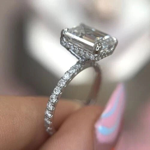 2Ct Emerald Cut Lab Created Moissanite Women Wedding Ring 14K White Gold Plated