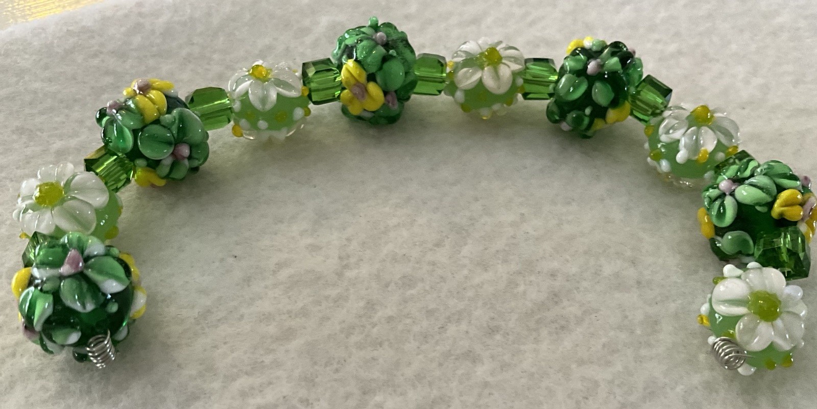 New 7”Strand Exquisite Green, Yellow & White Floral LampWork Glass Beads 12-15mm