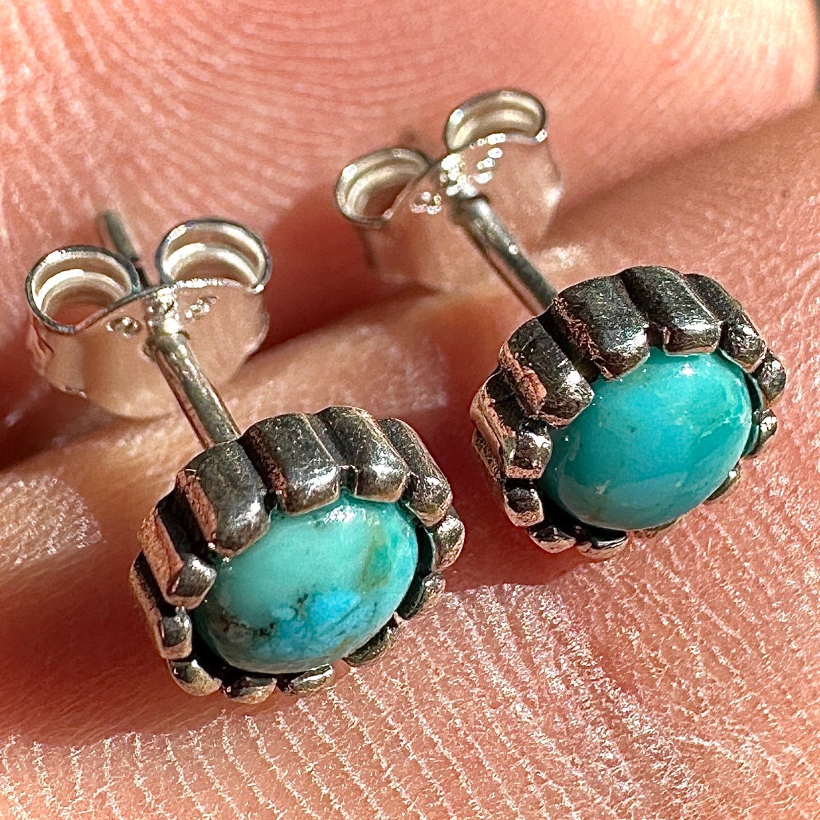 Turquoise Stud Earrings 7mm Sterling Silver Genuine Oxidized Stud Earrings