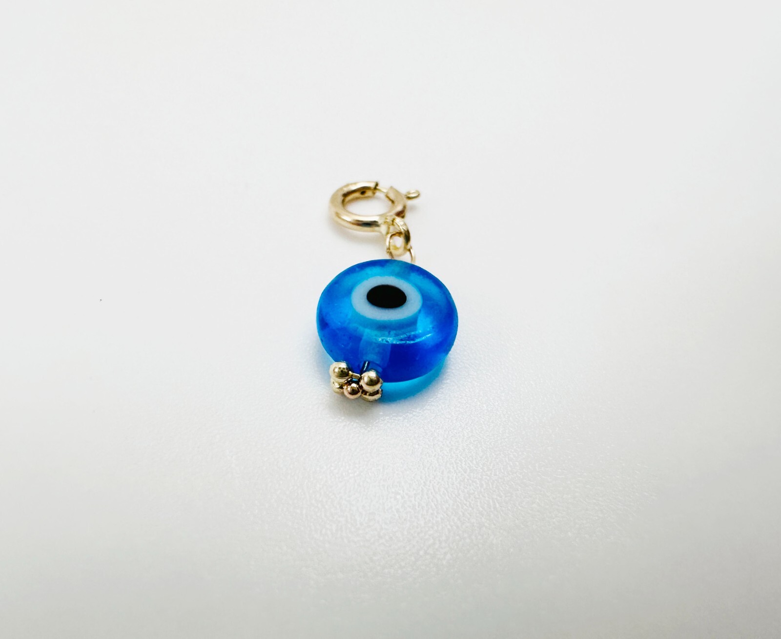 14K Solid Yellow Gold Millefiori Glass Blue Evil Eye Charm Pendant Spring Clasp