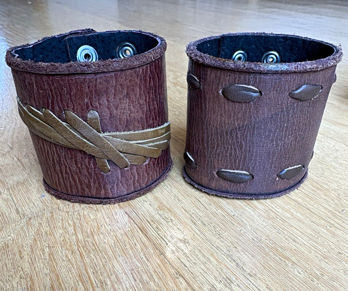 Brown Leather Bracelet Cuff Lot of 2, Snap Closure, No Stone. 9in L, 3in w