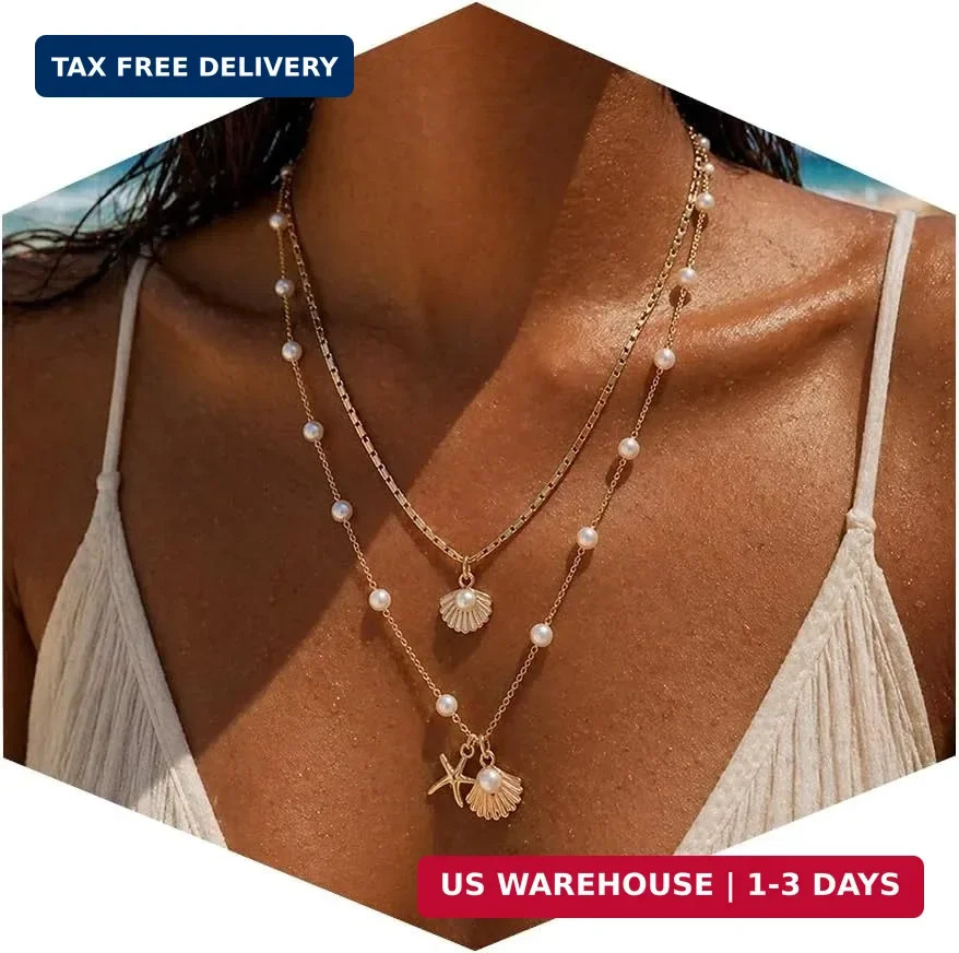 Shell Starfish Necklace for Women Gold Tone Layered Beach Jewelry Pearl Seashell