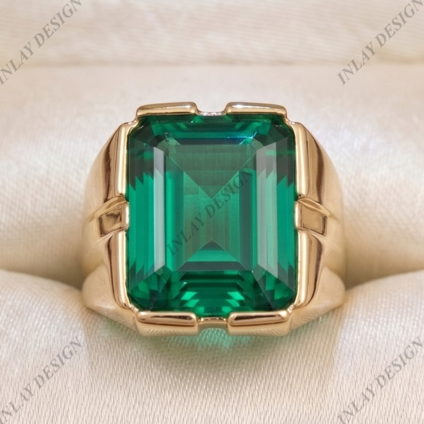 Green Emerald Cut Men’s Band Ring 14K Yellow Gold Plated Gemstone Ring For Him