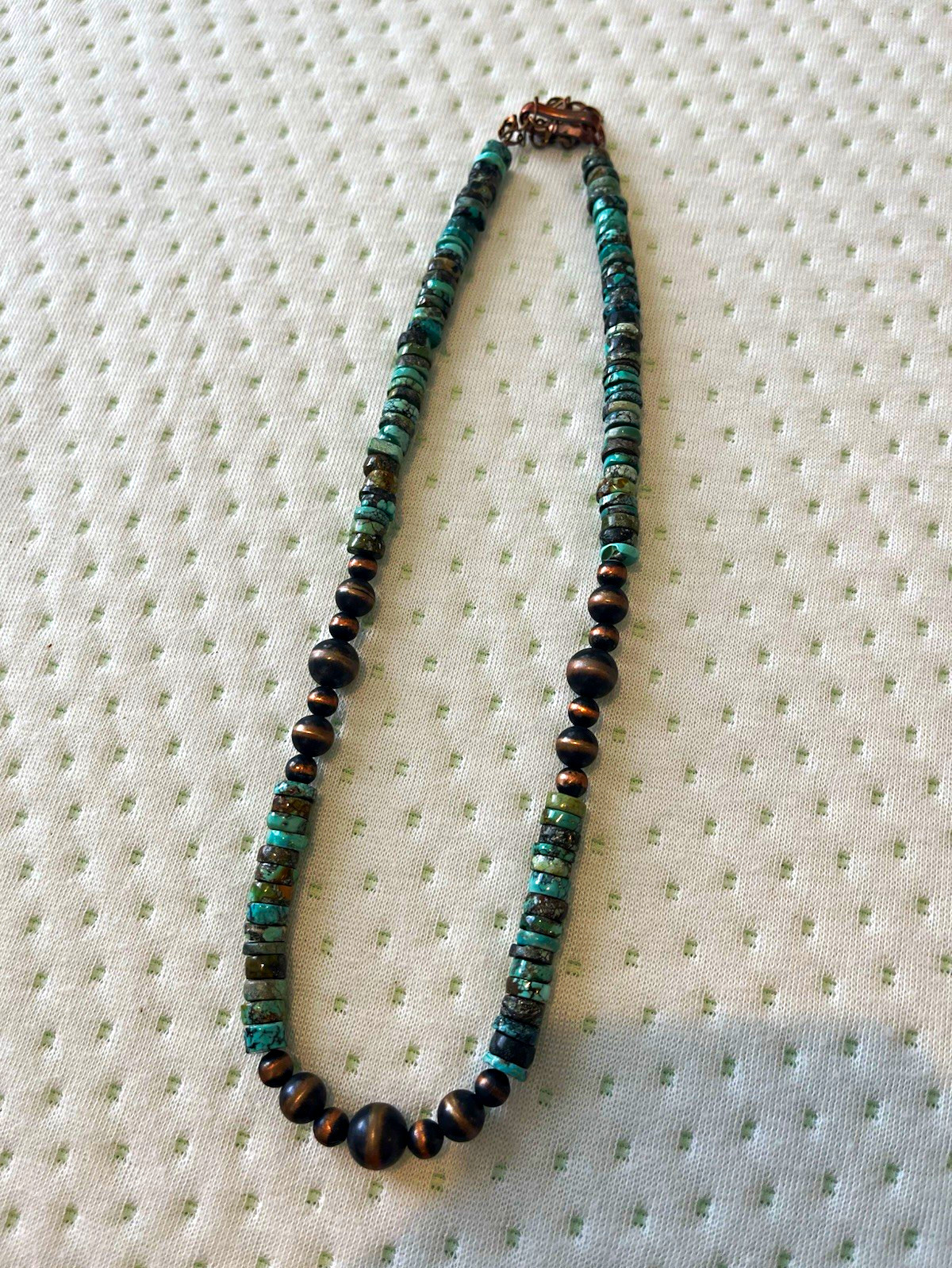 Tibetan turquoise & copper pearls graduated adjustable lobster clasp