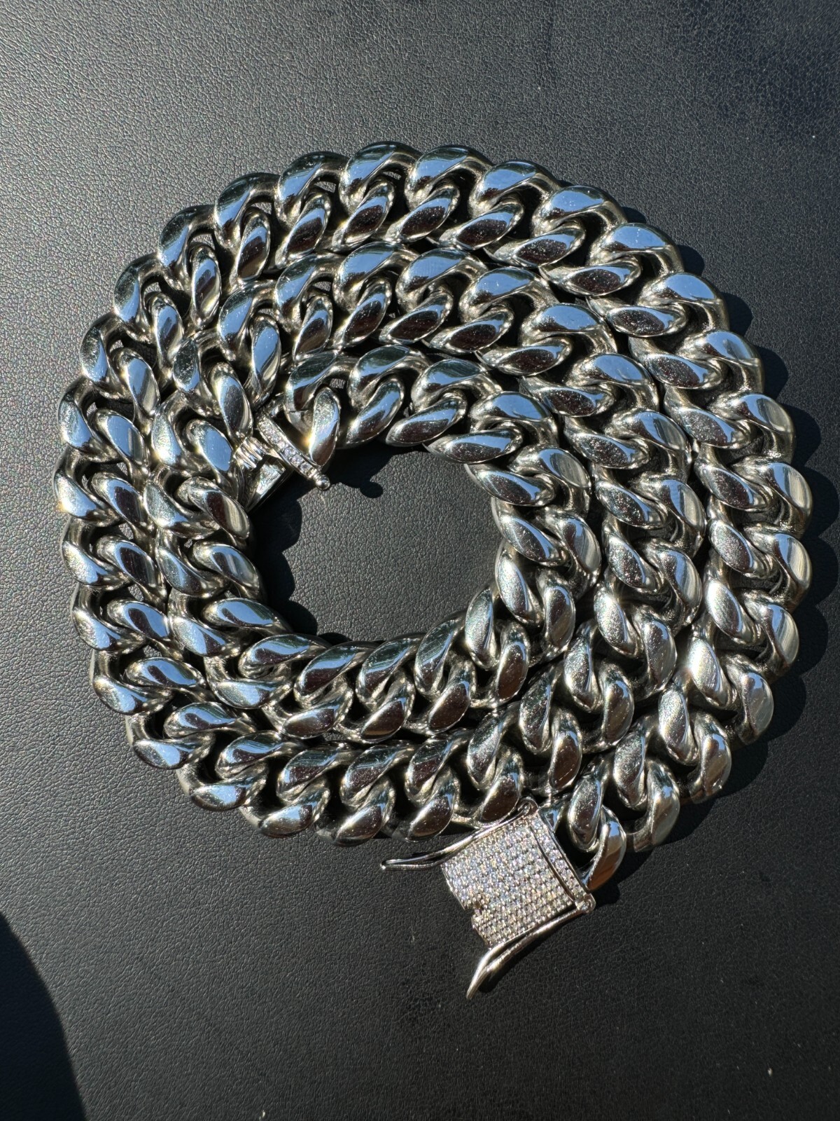Miami Cuban Link Stainless Steel Chain W. 1ct CZ Iced 925 Silver Clasp 8mm-14mm