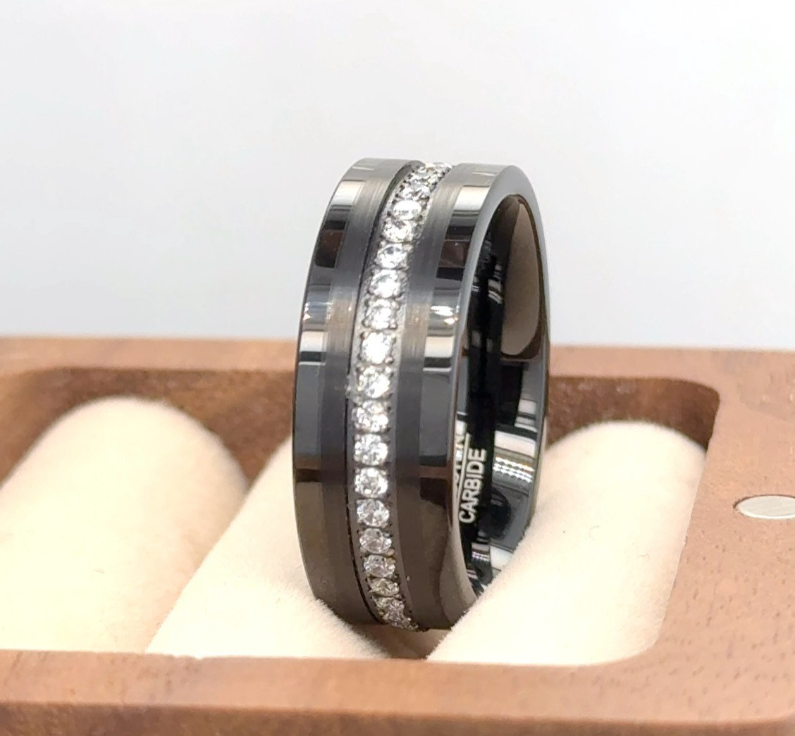 Couple Ring Gift Black Tungsten Engagement Ring White CZ Inlay Beautiful Band