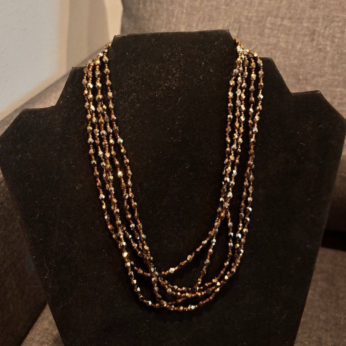 Layered Gold Tone & Black Beaded Ball Chain Necklace /Metal Beauty Theme