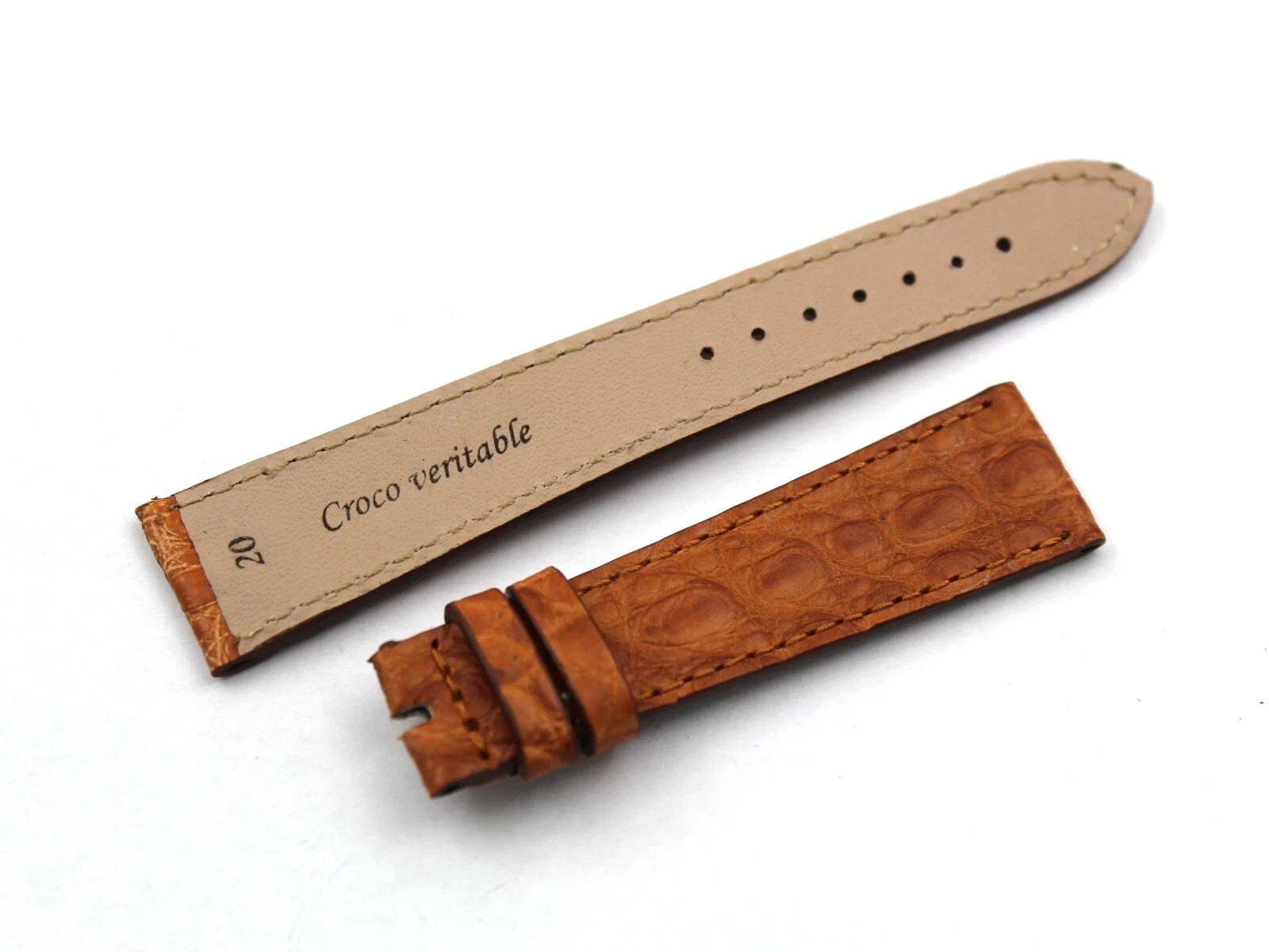 Genuine Crocodile Leather Strap Brown Gold 20/16mm Handmade Flat Top