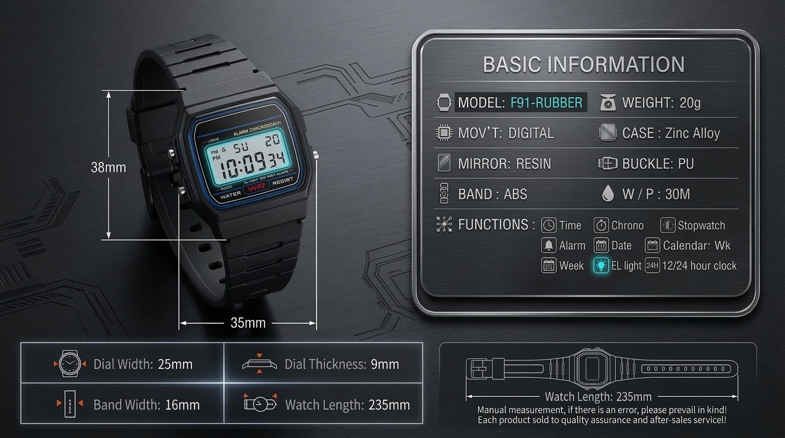 F91W Classic Digital Watch Resin Strap Stopwatch Chronograph Sport Men Watch