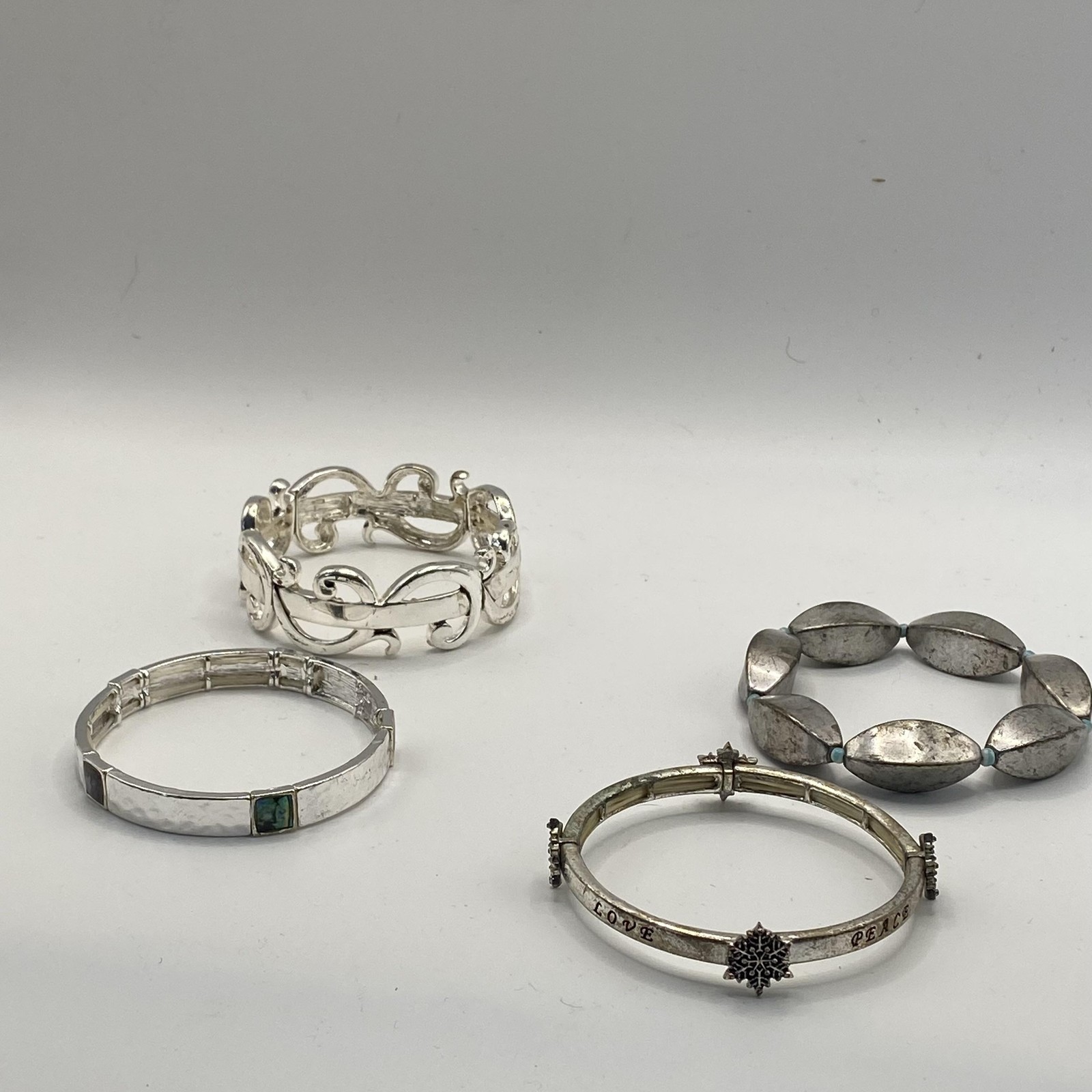 Silver Tone Bangle Beaded Bracelet Lot 4 Love Peace Inspirational 7.9 Inch