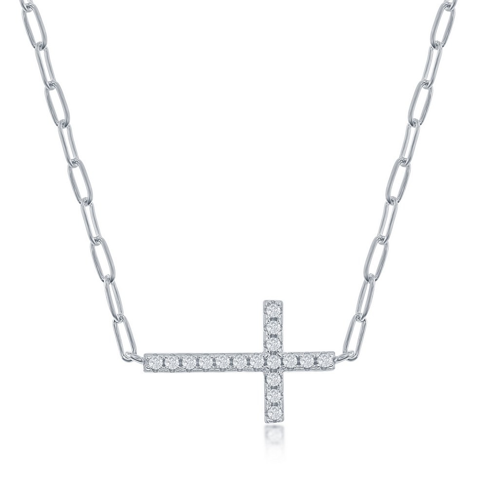 Sterling Silver Sparkling CZ Sideways Cross Paperclip Necklace Rhodium Plated