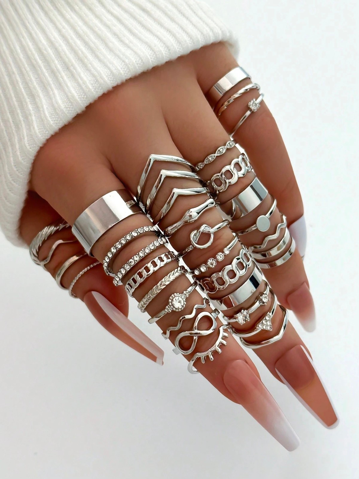 30Pcs Silver Ring Set Women Boho Knuckle Midi Stacking Rings Rhinestone Jewelry