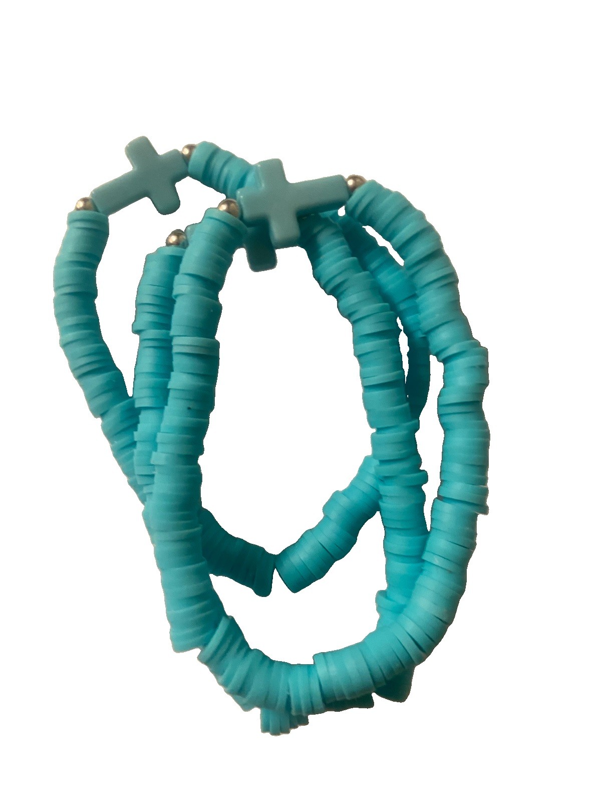 Polymer Clay Turquoise Bead Bracelet With A Small Cross – Set Of 3