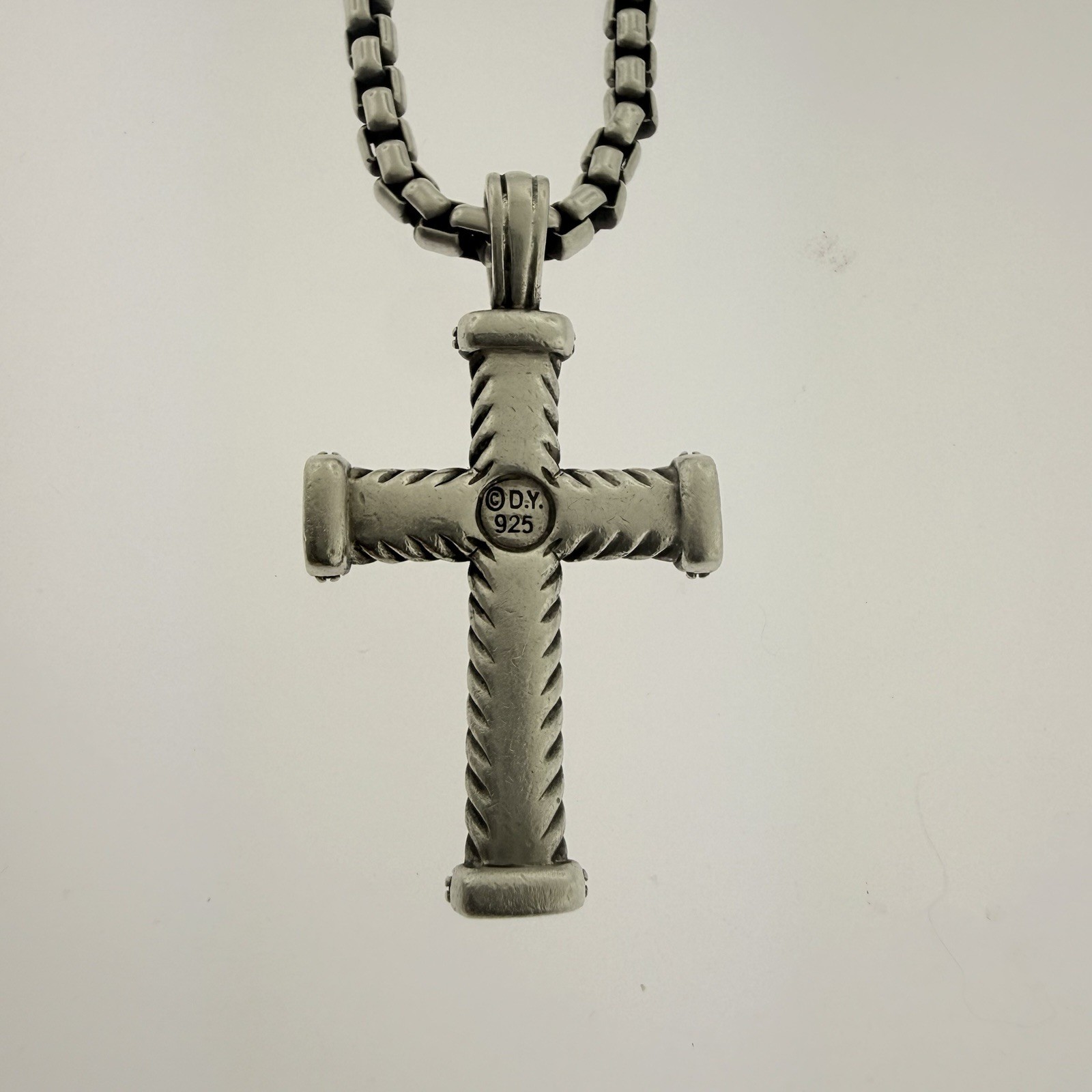 David Yurman Sterling Silver 925 Box Chain & Chevron Cross Pendant Black Diamond