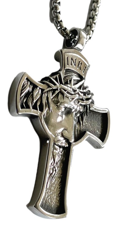 DEZILOO Men’s Stainless Steel Jesus Christ Face Cross Crucifix Pendant Necklace