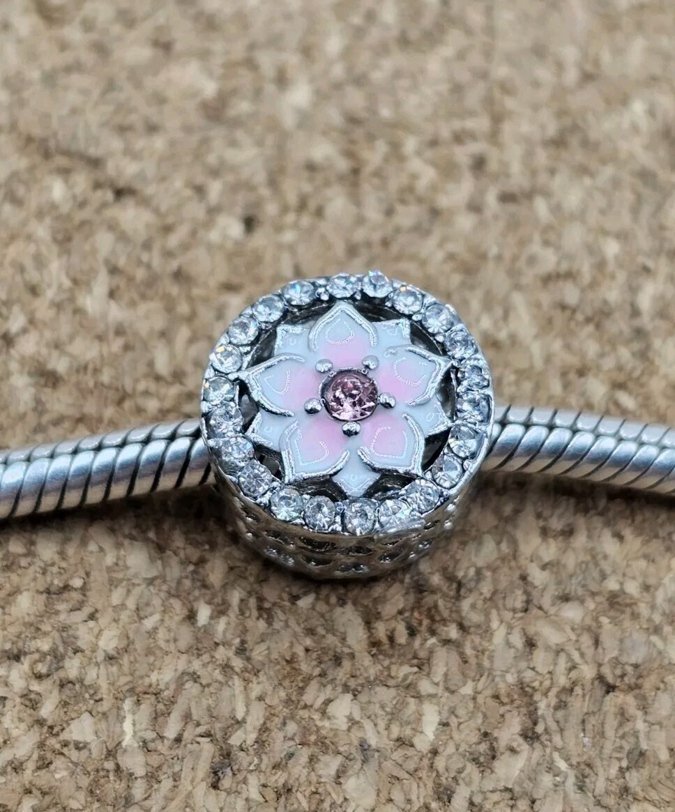Authentic Pink Cz White Magnolia Flower European Charm Bead