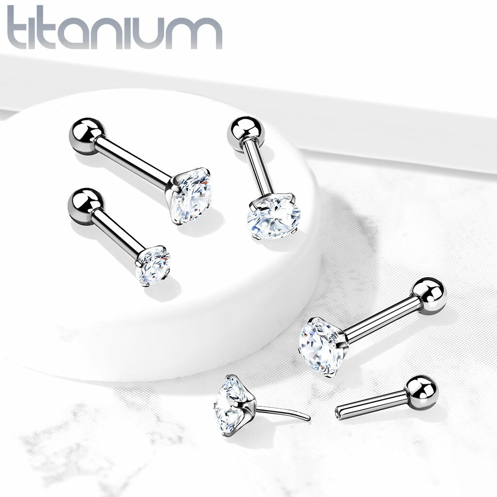 Implant Grade Titanium Threadless Push In Barbell W/ CZ Ball For Ear Cartilage