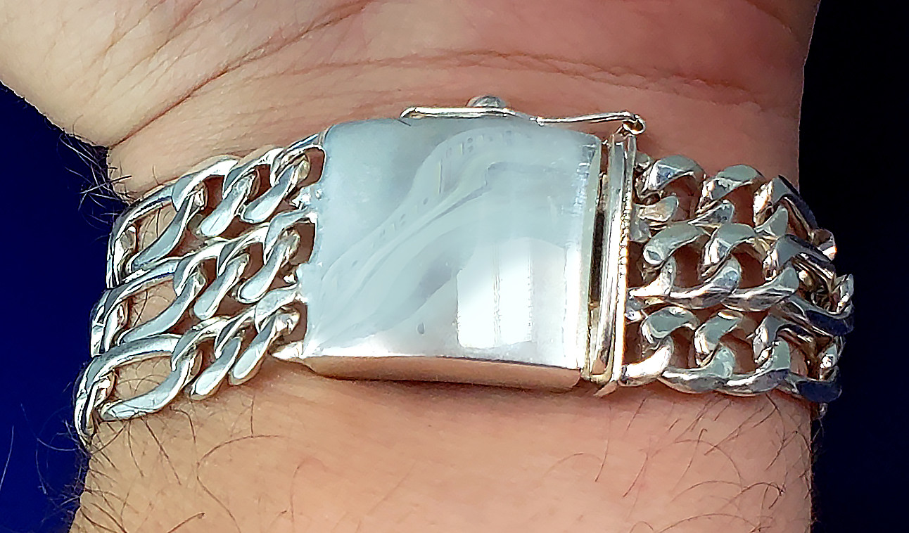 23 mm Solid Heavy Sterling Silver 3 Row Link ID Bracelet 8 Inches 61 Grams